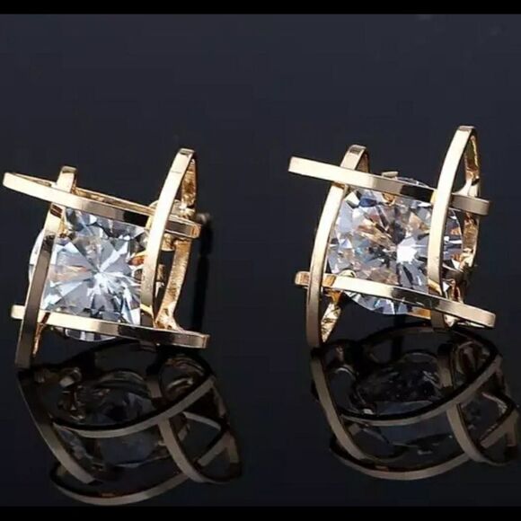 Gold 3D Caged CZ Diamond Earrings - Picture 1 of 3